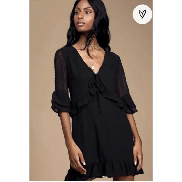 Lulus Favorite Daydream Black Swiss Dot Ruffled Mini Dress - Picture 1 of 8